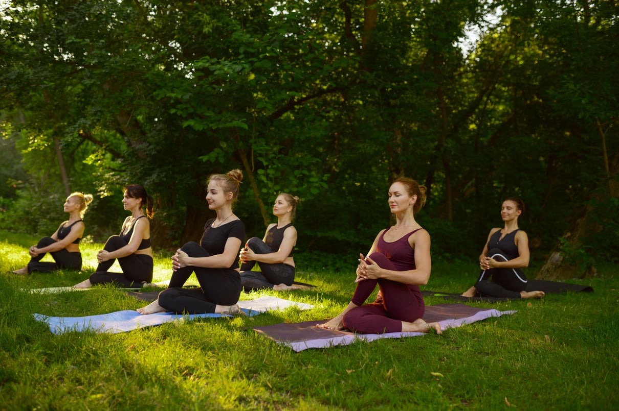 Slim Women Doing Stretching Exercise, Group Yoga